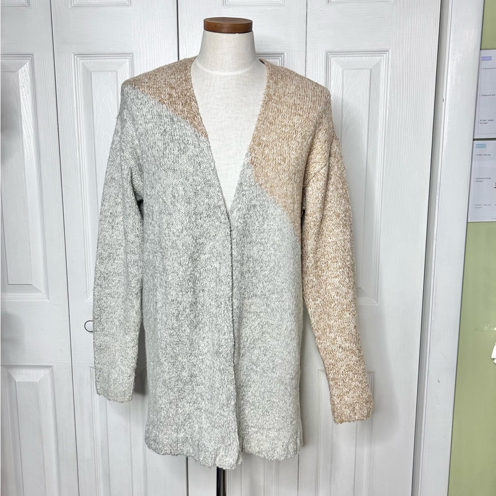 Cabi oversized asymmetrical two-tone longline cardigan, hidden snap placket